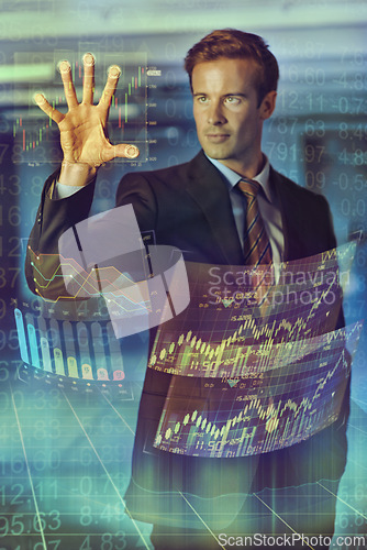 Image of Businessman, trading and hologram with future display of digital interface or corporate growth. Person, stock market and data graphs for presentation with user experience or information technology.