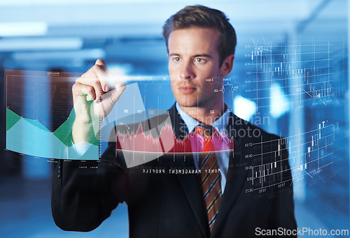 Image of Businessman, finance and hologram of digital interface of analytics for corporate company, profit growth and data statistics. Person, high tech and graph with trading technology for asset management.