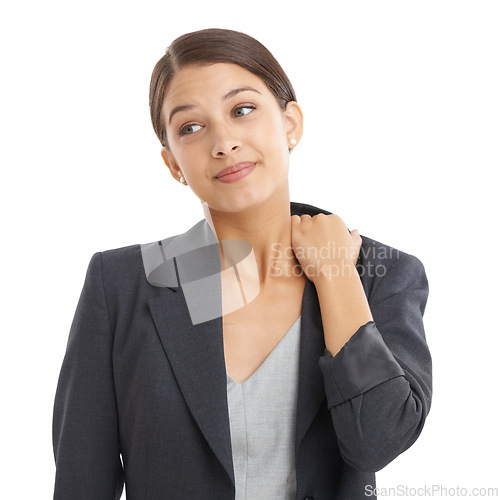 Image of Stress, thinking and business woman on a white background for problem solving, ideas and brainstorming. Professional, corporate and face of isolated person with worry, anxiety and burnout in studio