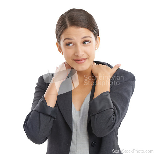 Image of Worry, thinking and business woman on a white background for problem solving, ideas and brainstorming. Professional, corporate and face of isolated person with stress, anxiety and burnout in studio