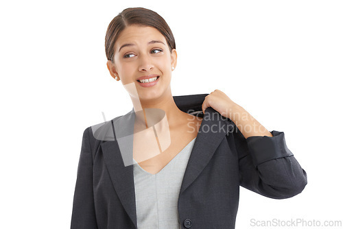 Image of Anxiety, thinking and business woman on a white background for problem solving, ideas and brainstorming. Professional, corporate and isolated person sweating with worry, stress and nervous in studio