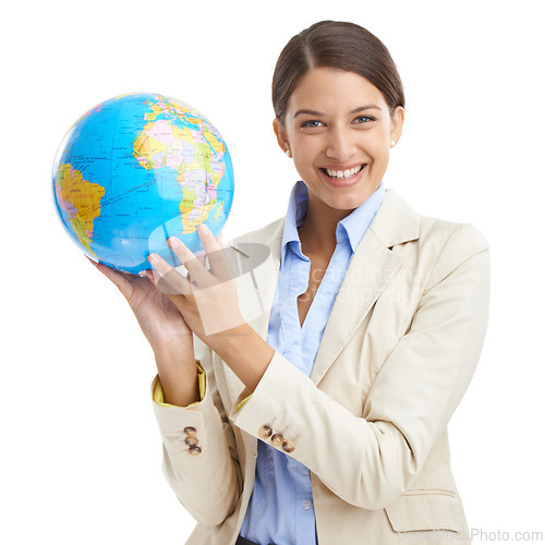 Image of Happy, business woman and portrait with globe in studio mock up and corporate professional for global networking. Young lawyer, positive and face for international trade and law by white background