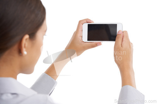 Image of Mockup, woman and smartphone on studio, background and blank screen for businesswomen capturing image. Technology, networking and communication in social media, isolated and internet connection