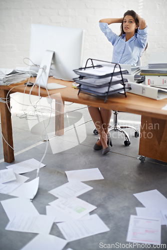 Image of Businesswoman, stress and paperwork in office, anxiety and corporate burnout or overworked. Depression, mental health and female lawyer feeling frustrated, tired and worried working on deadline