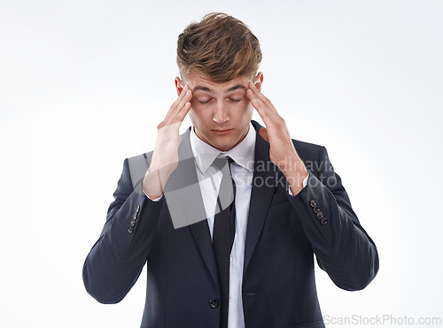 Image of Man, eyes closed and tired for headache, stress and work on mockup in studio on white background. Worried, frustrated and businessman for anxiety, migraine and thinking of burnout and mental health