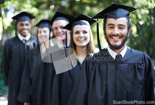 Image of Graduation, university and man for portrait, ceremony and friends for education and college for diploma. Outdoor, degree and celebration for classmates, campus and certificate with cap and gown
