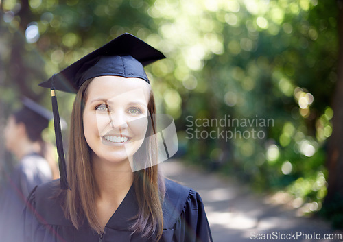 Image of Graduate, portrait and graduation with woman outdoor at university, college and achievement ceremony. Education, campus and happy at certificate, degree and school event with a smile from diploma