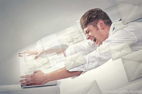 Image of Businessman, laptop and inbox for spam, email and junk mail on mock up in studio on grey background. Angry, frustrated and man with computer, envelope and scream for phishing or digital marketing