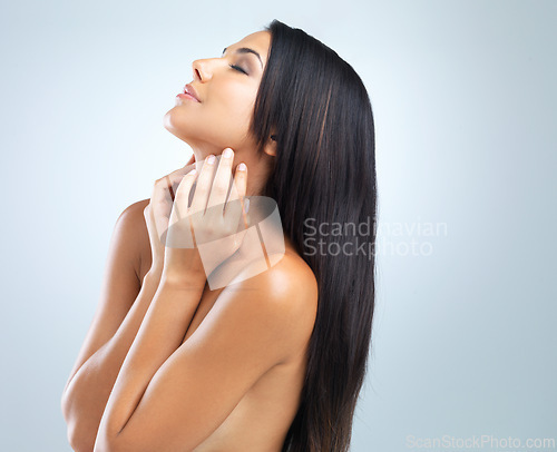 Image of Woman, touch and glow for body care, skincare and dermatology in studio on white background. Nude, female person and hand for selfcare for elastic, flawless skin and anti aging treatment mockup