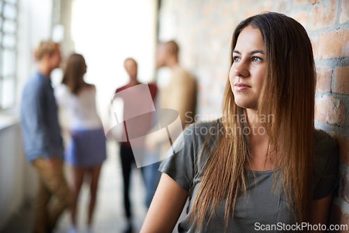 Image of Young woman, thinking and planning in corridor idea, thoughts and vision for project. Female, decision to contemplate solution in hallway for brainstorming, inspiration and innovation or future plans