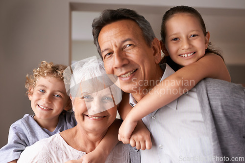 Image of Portrait, grandparents or grandchildren for piggyback, family or play with multi generation bonding. Older people, boy and girl with smile, hug and love for happy, babysitting and together at home