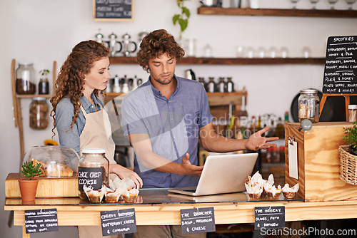 Image of Laptop, bakery and small business people with website for social media ideas, planning and advice of startup. Young woman and man confused or questions on computer for e commerce registration of cafe