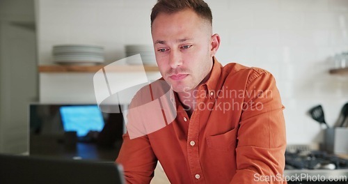 Image of Man, freelancer and stress or laptop at home, internet connection and typing on technology. Male person, frustration and networking or glitch and 404 error, online research and remote work in kitchen