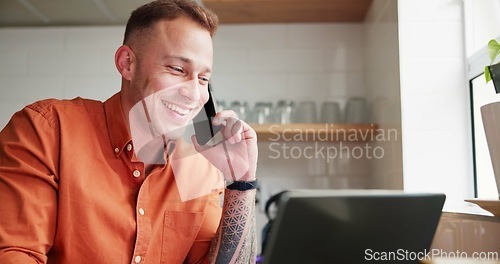 Image of Man, freelancer and laughing on phone call at home, happy and networking in kitchen. Male person, communication and mobile application for online conversation, laptop and remote work or research