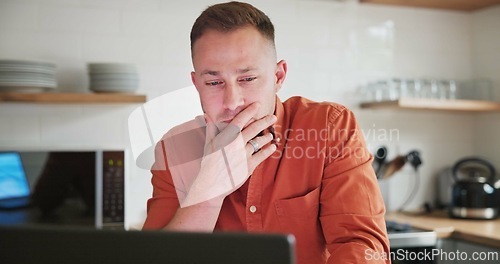 Image of Man, freelancer and stress or laptop at home, internet connection and typing on technology. Male person, frustration and networking or glitch and 404 error, online research and remote work in kitchen