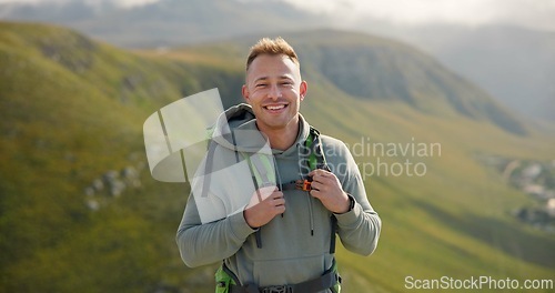 Image of Happy man, face and backpack with mountain for hiking, adventure or outdoor journey in nature. Portrait of male person, tourist or hiker smile with bag for trekking or climbing on cliff or hills