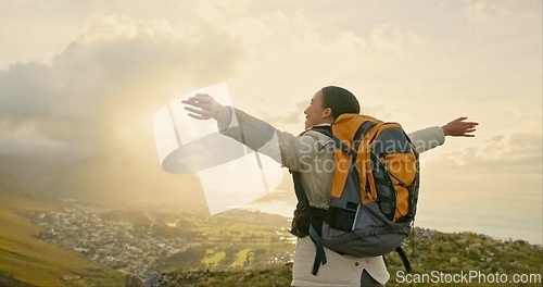 Image of Woman, mountains and freedom, celebration or excited for hiking goals, travel achievement and adventure in nature. Person or winner with backpack, yes and gratitude for trekking success and cityscape
