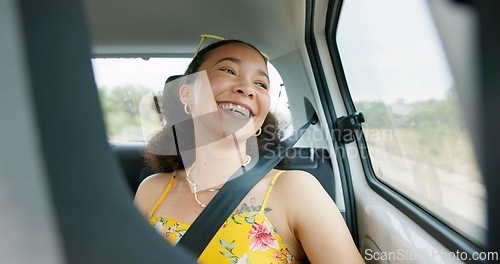 Image of Woman, car and road trip with laugh by window with thinking, ideas and comic memory for vacation travel. Girl, person and happy in vehicle with smile to remember funny story with driving on road