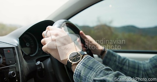 Image of Married man, hands and driving vehicle for travel, road trip or outdoor transportation in the countryside. Closeup of male person, wedding ring and car steering wheel for holiday getaway or adventure