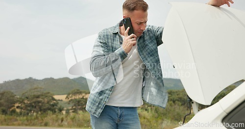 Image of Frustrated man, phone call and car trouble for problem solving, communication or road side assistance. Male person talking to mechanical engineer on sidewalk for vehicle breakdown in countryside