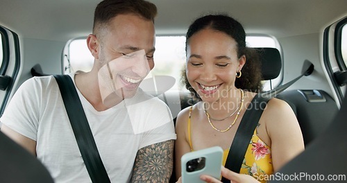 Image of Couple of friends, phone and car for road trip information, location search and social media. Happy man and woman on mobile app talking of travel, holiday and transportation service with funny chat