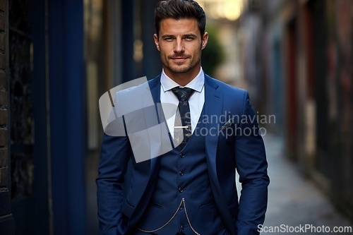 Image of Confident Businessman in Stylish Blue Suit on City Street