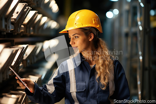 Image of Confident Female Engineer Inspecting Machinery at Work