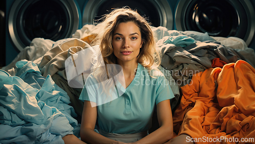 Image of Woman Sitting Amidst Colorful Laundry at Laundromat