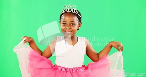 Image of Portrait, black girl and cute in studio with greenscreen, isolated and princess costume for halloween or birthday party. Child, chromakey display and mockup background for youth and ballet dance