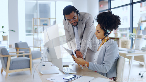 Image of Business people, consultant and call center with documents for coaching in customer service at office. Businessman and woman with paperwork or headphones in advice, help or legal support at workplace