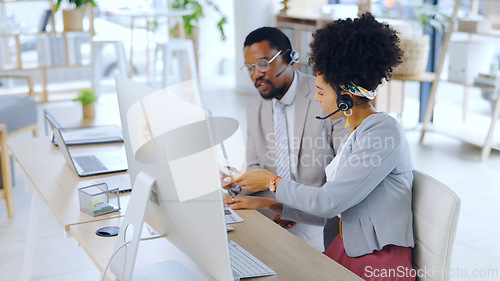 Image of Business people, consultant and call center with documents, headphones or policy at office. Businessman or woman working together in agency with paperwork for online advice or legal help at workplace