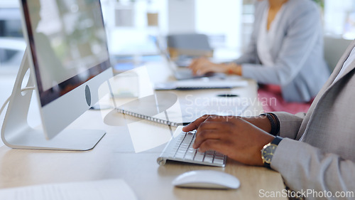 Image of Hands, typing or business people by computer in modern office or online research on internet for webdesign project. Developer, writing or keyboard by pc for coding, seo or working on company website