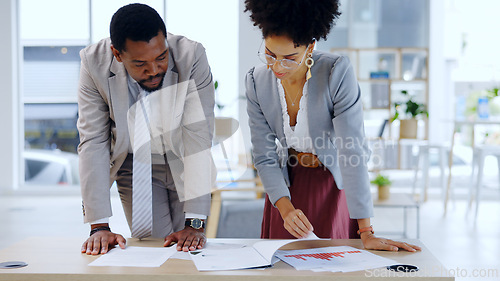 Image of Discussion, documents and business people in office with statistics report, feedback and finance review. Teamwork, collaboration and man and woman with paperwork, chart and consulting in workplace