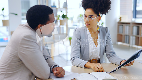 Image of Meeting, discussion and business people in office with documents for project, review and finance report. Teamwork, collaboration and man and woman with paperwork, feedback and consulting in workplace