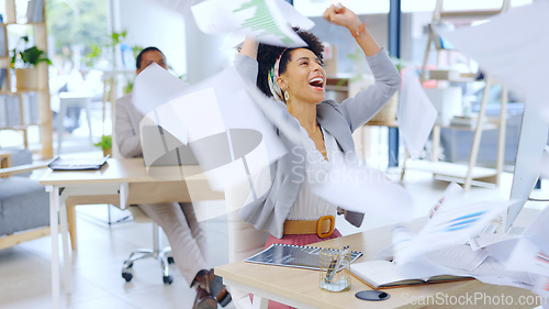 Image of Excited woman, business and documents in air for celebration, success or done with work at office. Happy female person or accountant with fist pump and finished paperwork for winning at workplace