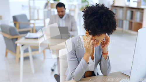 Image of Frustrated woman, headache and stress with depression at office in burnout, anxiety or mental health. Female person or young employee with migraine, strain or pressure in fatigue or pain at workplace