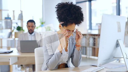 Image of Woman, headache and stress with computer at office in burnout, anxiety or mental health by desk. Frustrated female person or employee with migraine, strain or pressure in fatigue or pain at workplace