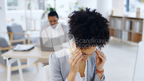 Image of Woman, headache and stress with anxiety at office in burnout, depression or mental health. Frustrated female person or young employee with migraine, strain or pressure in fatigue or pain at workplace