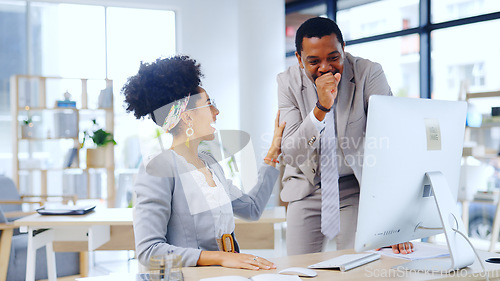 Image of Excited business people, shock or teamwork on computer for winning bonus or goal success in office. Happy manager, wow or employee reading surprise news, social media post or article in collaboration