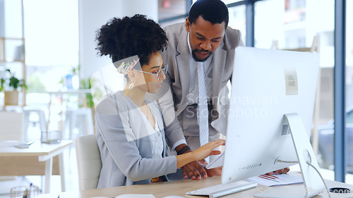 Image of Discussion, paperwork or business people with training feedback review or report for agenda. Man, planning documents or woman reading portfolio for collaboration, teamwork or consulting in office