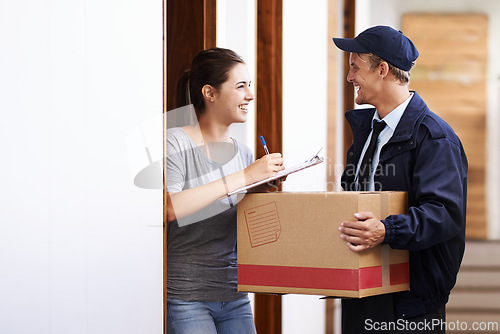 Image of Delivery man, box and woman sign documents, forms and application for package, parcel and courier. Online shopping, ecommerce and people for shipping, supply chain and distribution receipt in home