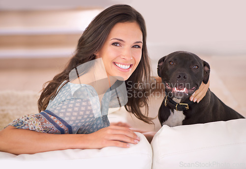 Image of Dog, portrait or happy woman in home to relax on living room sofa on holiday in house or apartment. Animal care, love or female person with peace, wellness or support on break for bonding with pet