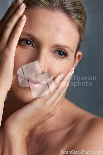 Image of Face, beauty and thinking with mature woman in studio on gray background for aesthetic wellness. Skincare, relax and hygiene with natural skin person at spa for antiaging cosmetics or treatment