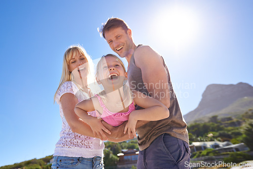 Image of Beach, airplane and parents with girl, family and happiness with sunshine and weekend break. Flying, mother and father with daughter and kid with fun and vacation with holiday, smile and getaway trip