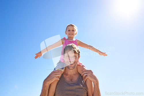 Image of Portrait, airplane or father and daughter at a beach with love, fun or support on blue sky background. Freedom, piggyback and dad with girl in nature for summer games, travel or flying shoulder games