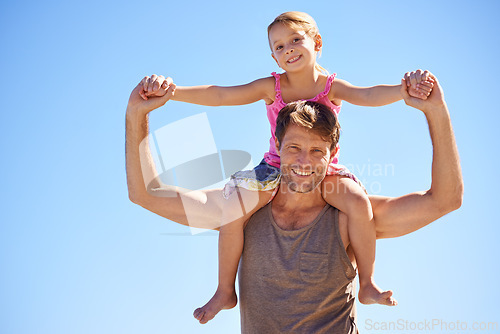 Image of Airplane, piggyback or father with daughter portrait at a beach for travel, fun or bonding in nature. Love, support dad with girl at the ocean for back ride games, flying or journey freedom in Cancun