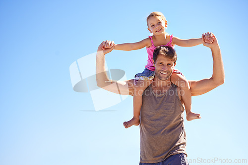 Image of Holding hands, piggyback or father and daughter portrait at a beach for travel, fun or bonding in nature. Love, support dad with girl at sea for back ride games, airplane or journey freedom in Cancun