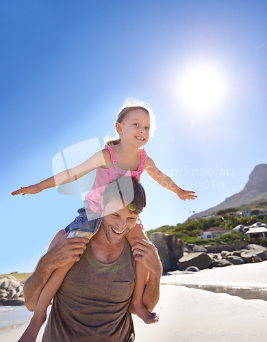 Image of Airplane, piggyback and father with daughter at a beach for travel, fun or bonding in nature with freedom. Love, support dad with girl at the ocean for back ride games, flying or adventure in Cancun