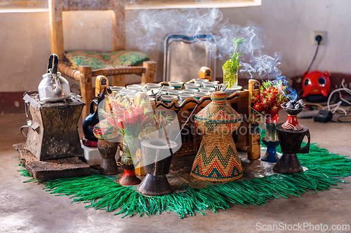 Image of Ethiopian coffee ceremony with aromatic frankincense. Debre Libanos, Ethiopia