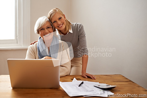 Image of Grandmother, happy daughter and help with finance, budget and investment of money. Planning, tax and laptop for retirement and expenses, calculating and caring for pensioner or senior citizen